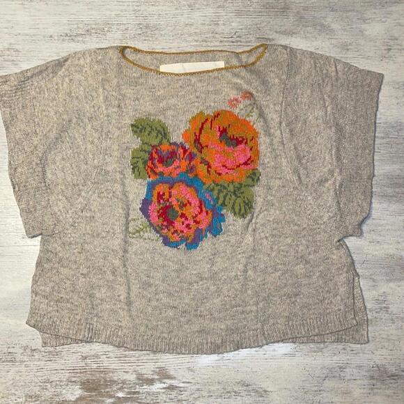 EUC Anthropologie Angel of The North Oatmeal Knit Floral Short Sleeve Sweater S - Picture 3 of 10